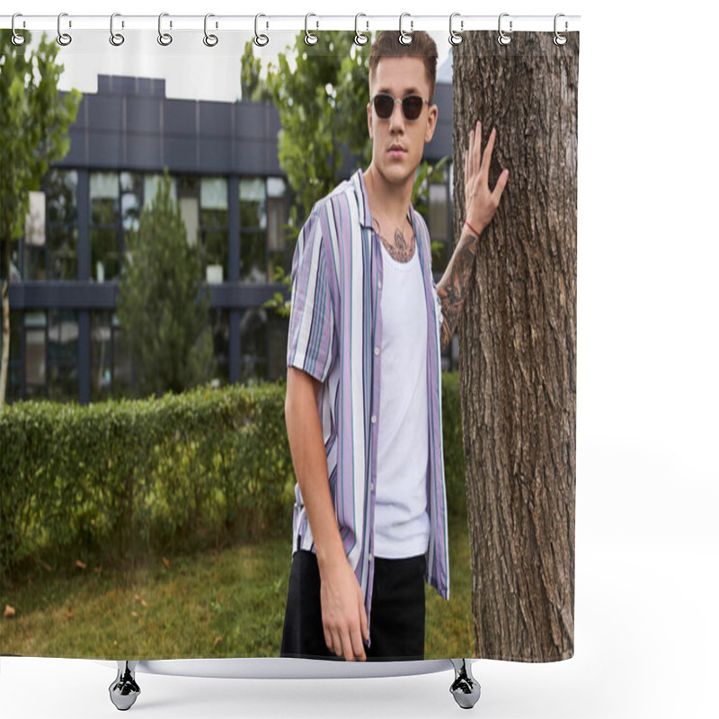 Personality  Young Man Stands Confidently By A Tree In A Casual Outfit. Shower Curtains