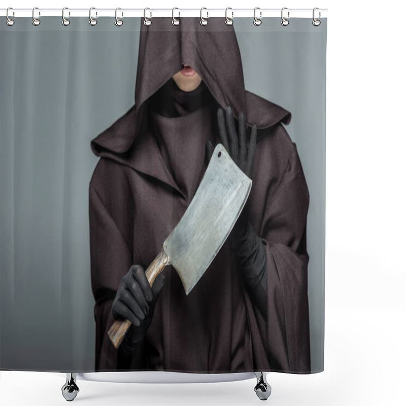 Personality  Cropped View Of Woman In Death Costume Holding Cleaver Isolated On Grey Shower Curtains