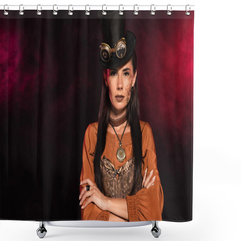 Personality  Front View Of Serious Steampunk Woman In Top Hat Standing With Folded Arms On Black In Pink Smoke Shower Curtains