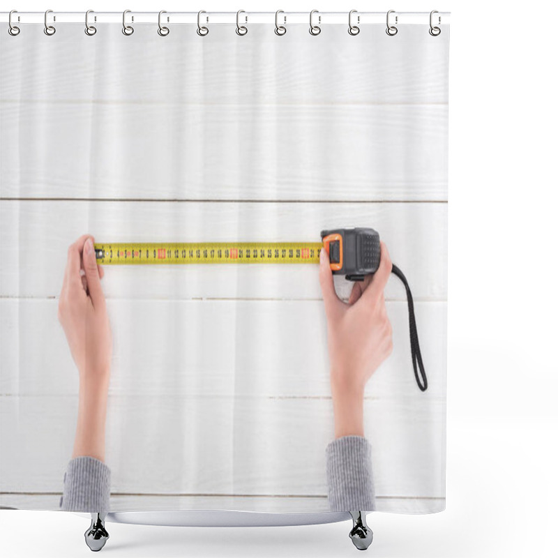 Personality  Top View Of Man Holding Industrial Measuring Tape On White Wooden Surface Shower Curtains