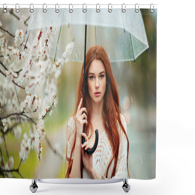 Personality  Spring Beautiful Romantic Red Haired Girl In White Lace Dress And Jeans Standing Near Blooming Tree With Transparent Umbrella.Young Model Near Road Under Rain Looking At Camera. Shower Curtains