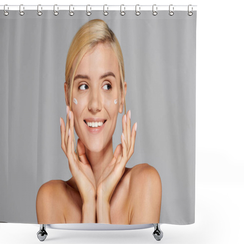 Personality  Smiling Pretty Girl With Hands Around Her Face Looking To Side Against Gray Background Shower Curtains