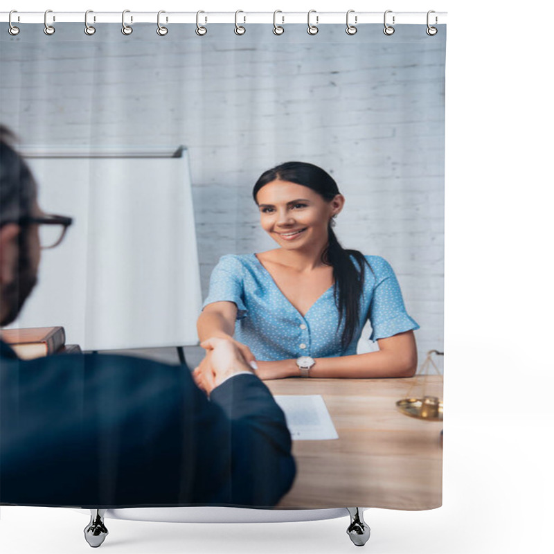 Personality  Selective Focus Of Brunette Woman Shaking Hands With Lawyer In Office  Shower Curtains