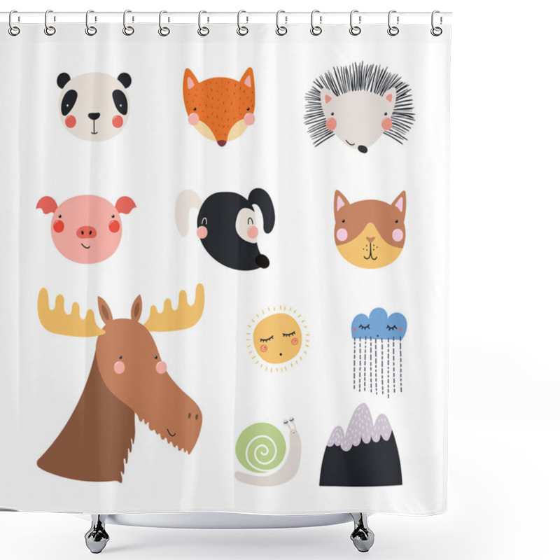 Personality  Set Of Cute Funny Hand Drawn Different Animal Faces, Sun, Cloud With Rain, Mountain, Snail. Isolated Objects. Vector Illustration. Scandinavian Style Flat Design. Shower Curtains