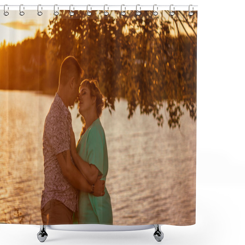 Personality  Romantic Couple Standing And Kissing On Background Summer Lake  Sunset Shower Curtains