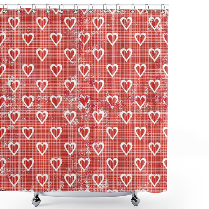 Personality  Little White And Red Border Hearts In Rows On Red Background Grunge Regular Geometric Seamless Pattern Shower Curtains