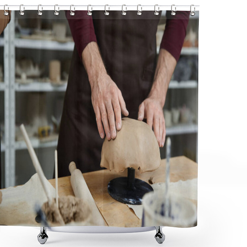 Personality  Man In Black Apron Making Pottery. Shower Curtains