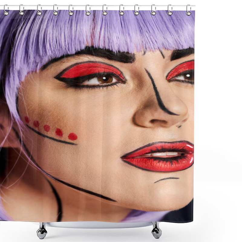 Personality  A Stunning Woman With Purple Hair And Artistic Pop Art Makeup, Embodying A Comic Book Character Shower Curtains