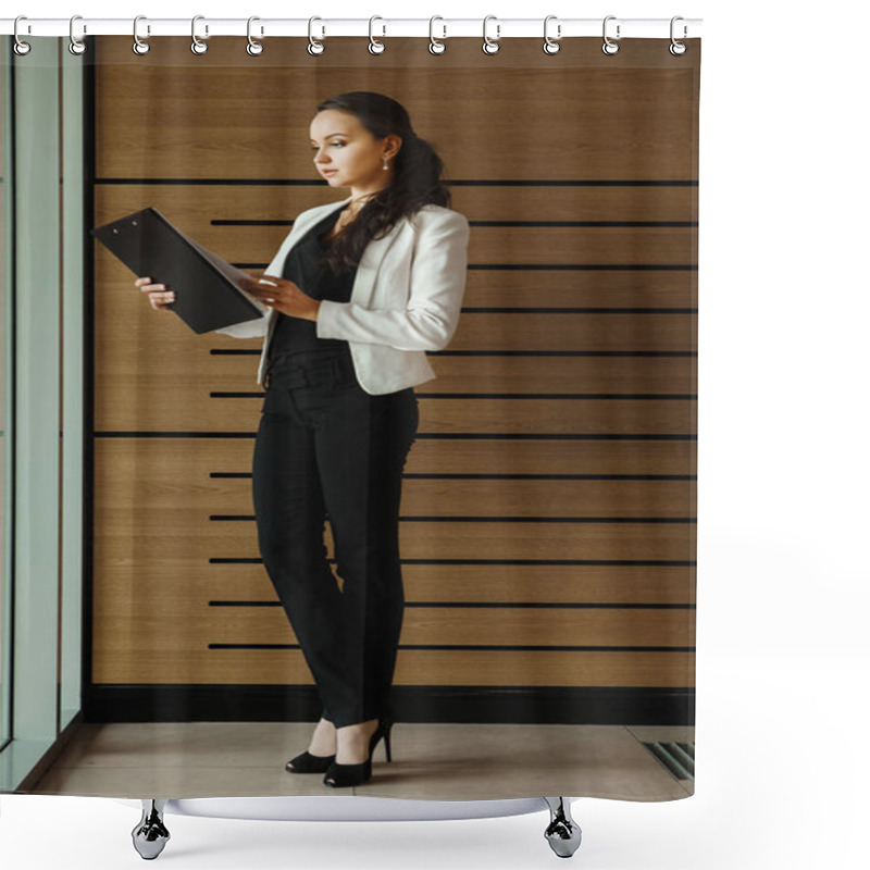 Personality  Pretty Woman In Business Suit Holding Plane Folder Shower Curtains