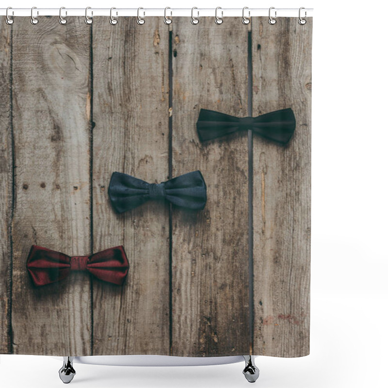 Personality  Classic Bow Ties On Wooden Tabletop Shower Curtains