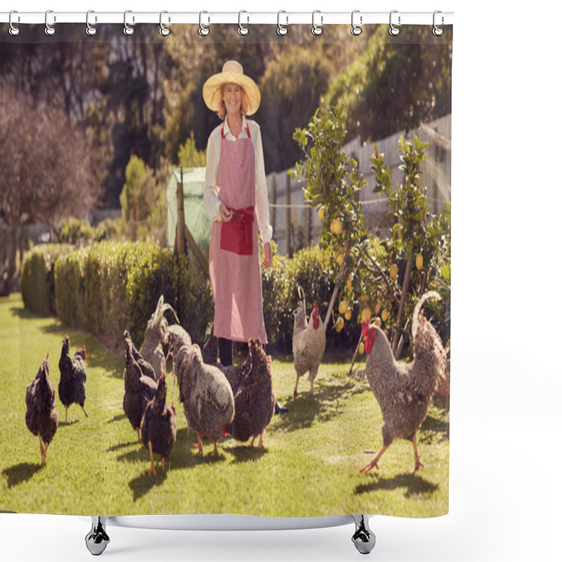 Personality  Senior Woman In Backyard With Chickens Shower Curtains