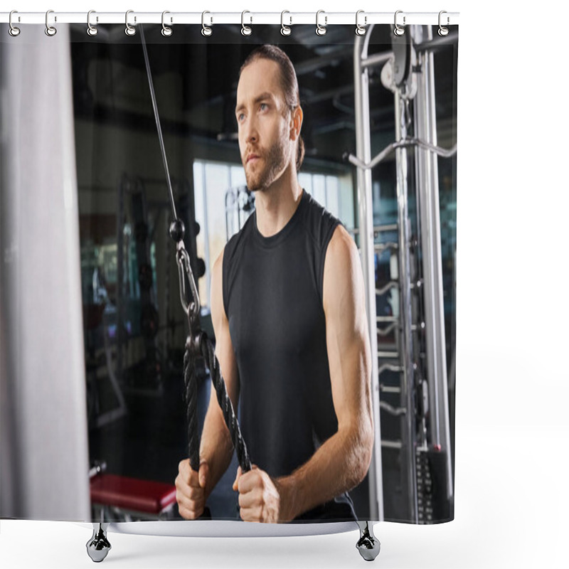 Personality  An Athletic Man In Active Wear Holds A Rope In A Gym, Showcasing Power And Determination In His Workout. Shower Curtains