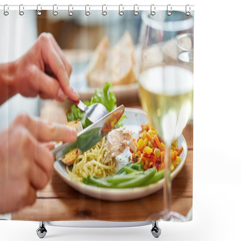 Personality  Hands Of Woman Eating Pasta With Chicken Meat Shower Curtains