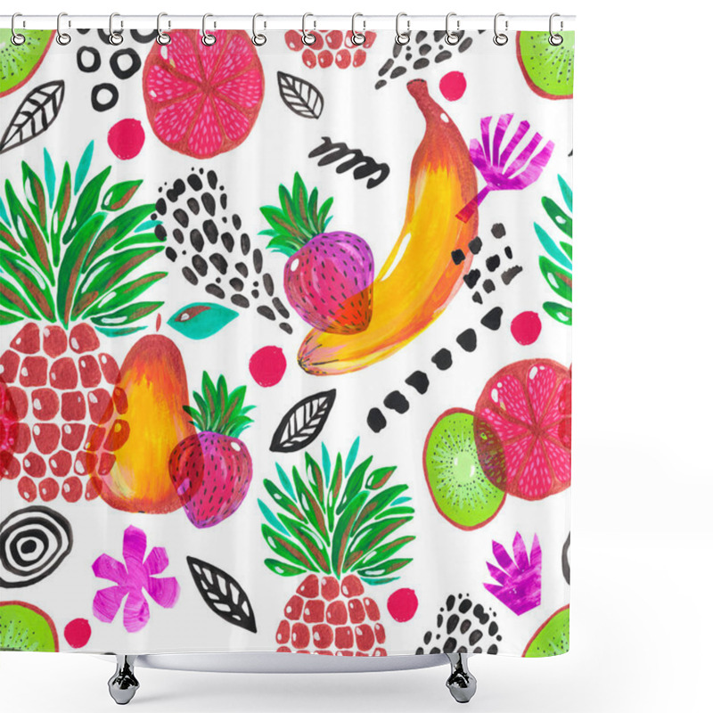 Personality  Seamless Pattern Illustration Hand Painted Acrylic Gouache Exotic Fruit Pineapple Banana Kiwi Grapefruit Strawberry Pear Flowers Black Strokes On White Background Design Digital Paper Wallpaper Fabric Shower Curtains