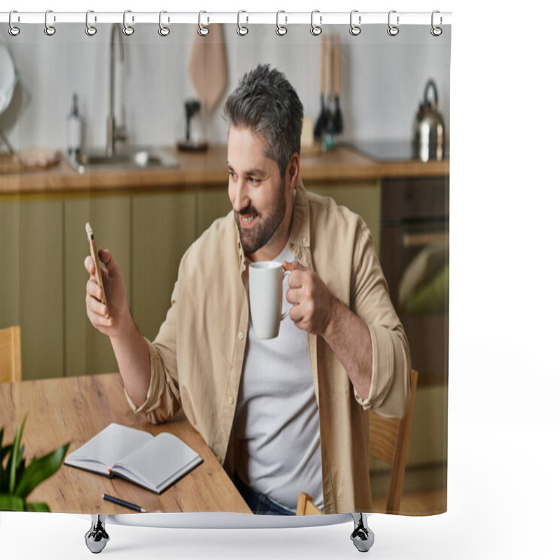 Personality  A Man Smiles At His Smartphone While Enjoying Coffee At A Cozy Wooden Table. Shower Curtains