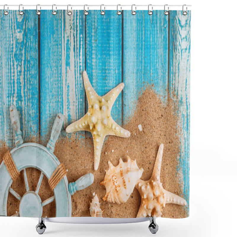 Personality  Summer Travel Vacation Sailor's Captain's Wheel Starfish And Seashell On Sand Shower Curtains