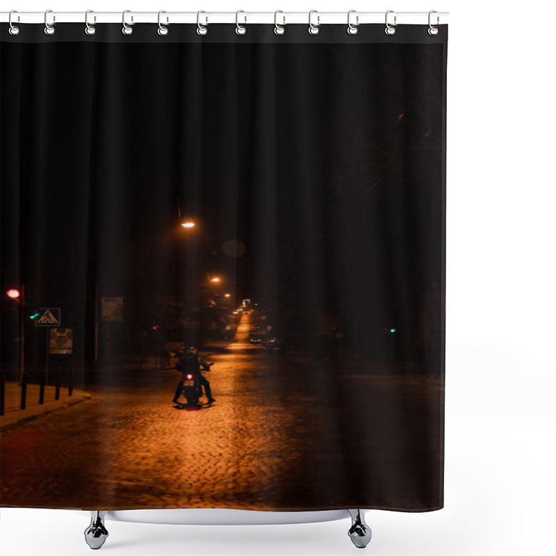 Personality  LVIV, UKRAINE - OCTOBER 23, 2019: Silhouette Of Man In Helmet Riding Scooter On Street At Night  Shower Curtains