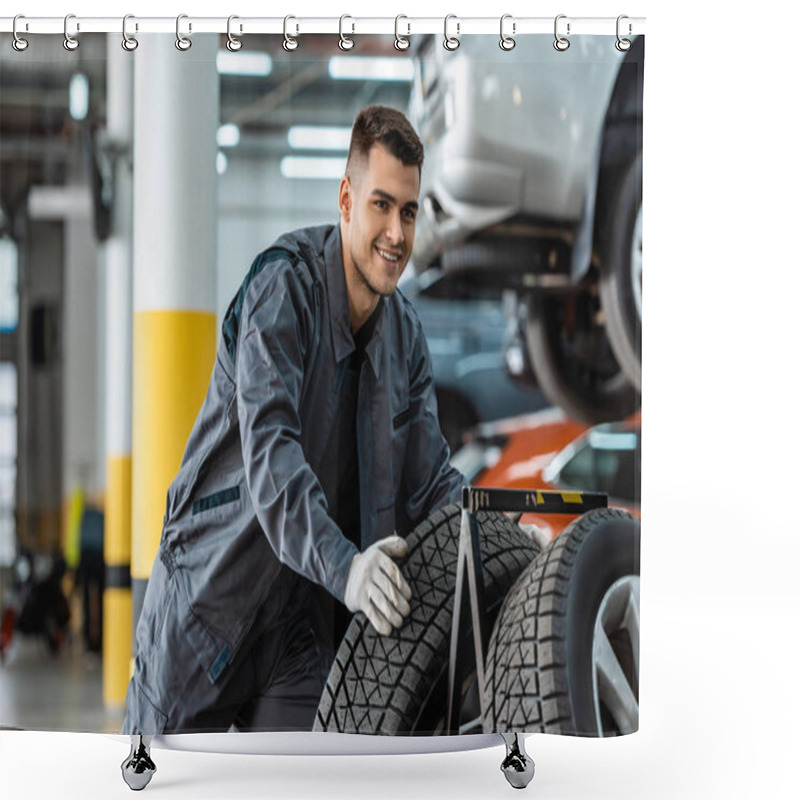 Personality  Handsome, Smiling Mechanic Holding New Tire In Workshop Shower Curtains