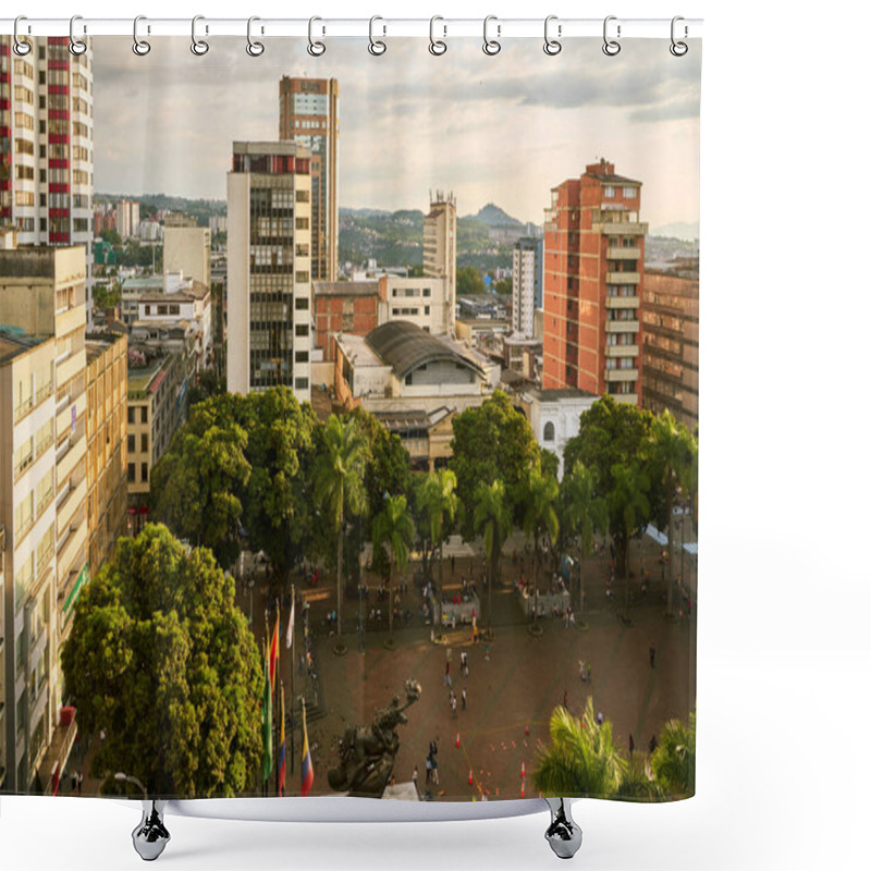 Personality  PEREIRA, COLOMBIA-JANUARY 25, 2023: Plaza De Bolivar Framed By The Beautiful Architecture Of The City, Its Leafy Mango Trees And Beautiful Tropical Palm Trees. Pereira The Capital Of The Axis. Shower Curtains