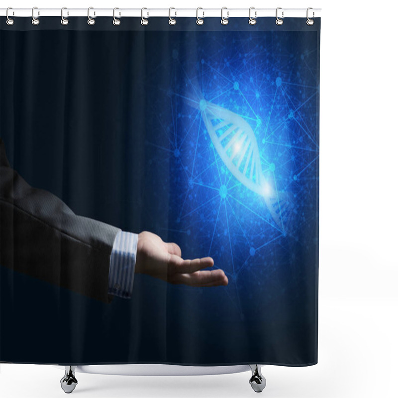 Personality  Close Of Businessman Hand Presenting DNA Molecule Research As Concept. Mixed Media Shower Curtains