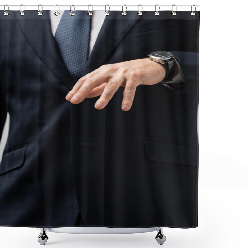 Personality  Cropped View Of Businessman In Suit Manipulating With Hand Isolated On Grey Shower Curtains