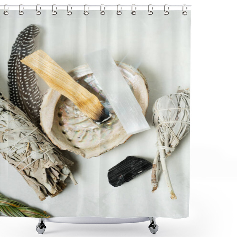 Personality  Smudge Kit For Spiritual Practices With Natural Elements: Palo Santo Sticks, Dried White Sage, Guinea Fowl Feather, Crystals, Sea Pearl Shell Abalone On A Light Background. Balancing The Soul. Shower Curtains