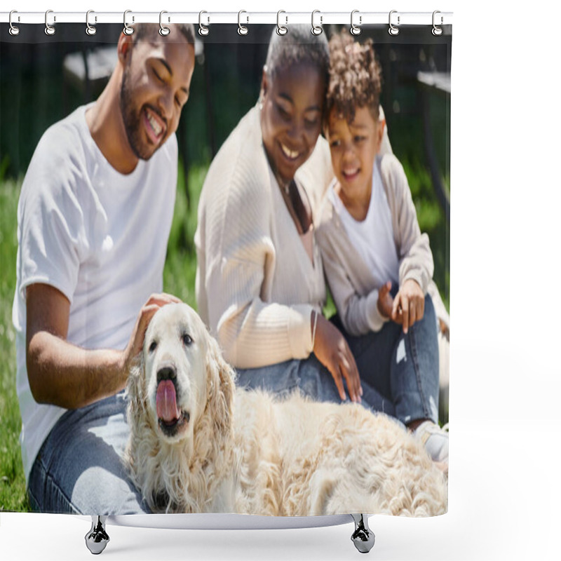 Personality  Family Moments Of Jolly African American Parents And Son Smiling And Sitting On Lawn And Petting Dog Shower Curtains