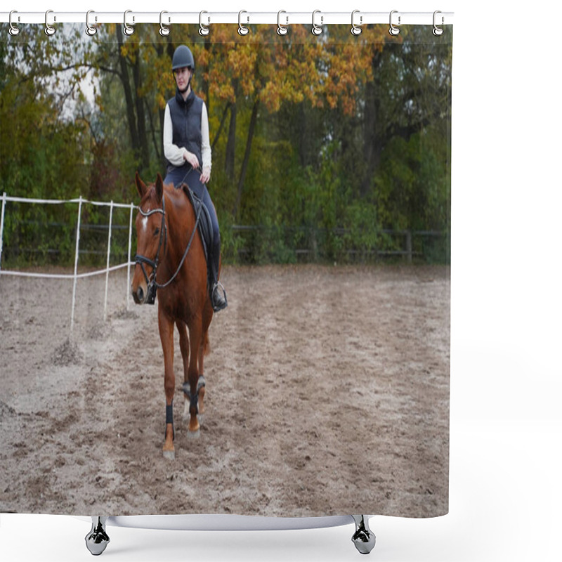 Personality  Training With The Red-brown Oldenburg Mare On A Riding Arena In Autumn Shower Curtains