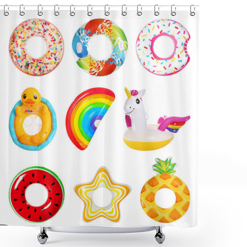 Personality  Set Of Bright Inflatable Rings And Mattress On White Background  Shower Curtains