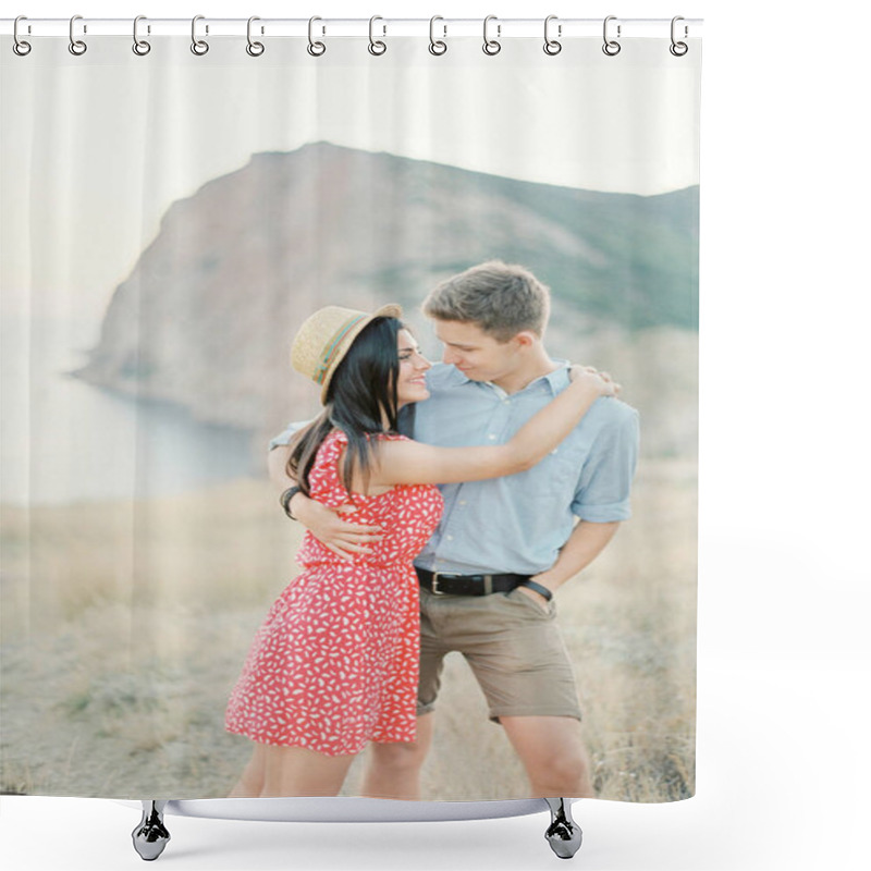 Personality  Young Stylish Couple In Love Walking In Mountains By The Sea. Vine Sunset Summer Mood Shower Curtains