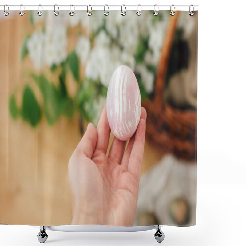 Personality  Hand Holding Modern Easter Egg On Background Of Blooming Spring Flowers On Rustic Table With Basket. Stylish Pastel Pink Easter Egg Painted In Natural Dye From Beets. Happy Easter Shower Curtains