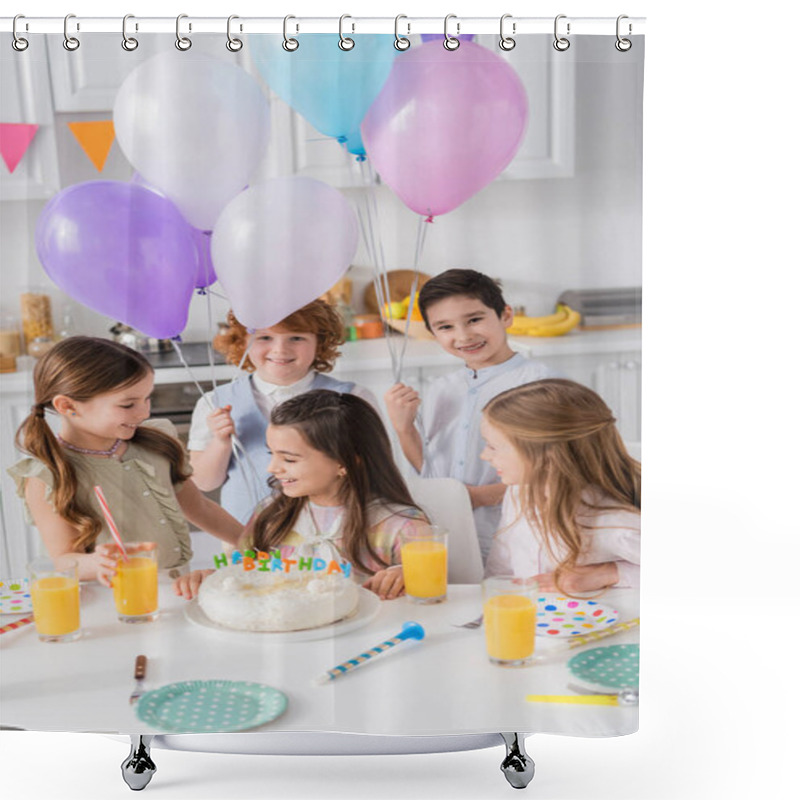 Personality  Cheerful Kids With Balloons Looking At Birthday Girl Near Cake And Party Horns On Table  Shower Curtains