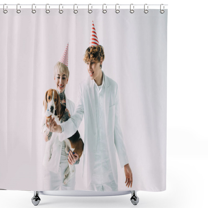 Personality  Cheerful Woman Holding In Arms Cute Beagle Dog While Standing With Handsome Boyfriend In Party Caps Isolated On Grey Shower Curtains