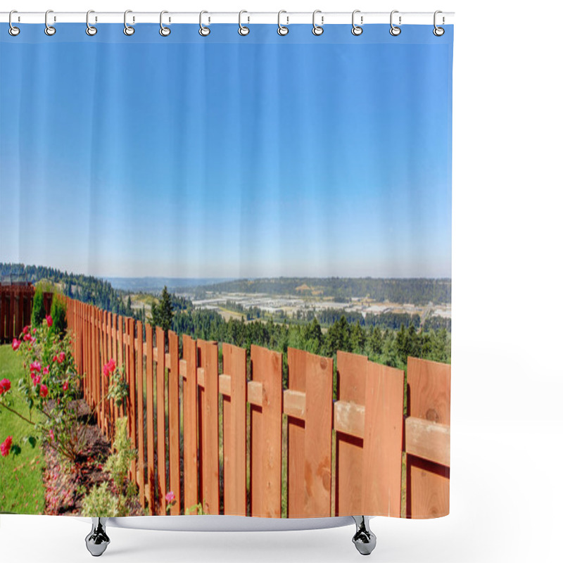 Personality  Beautiful Countryside View. Wooden Fence And Blooming Flowers Shower Curtains