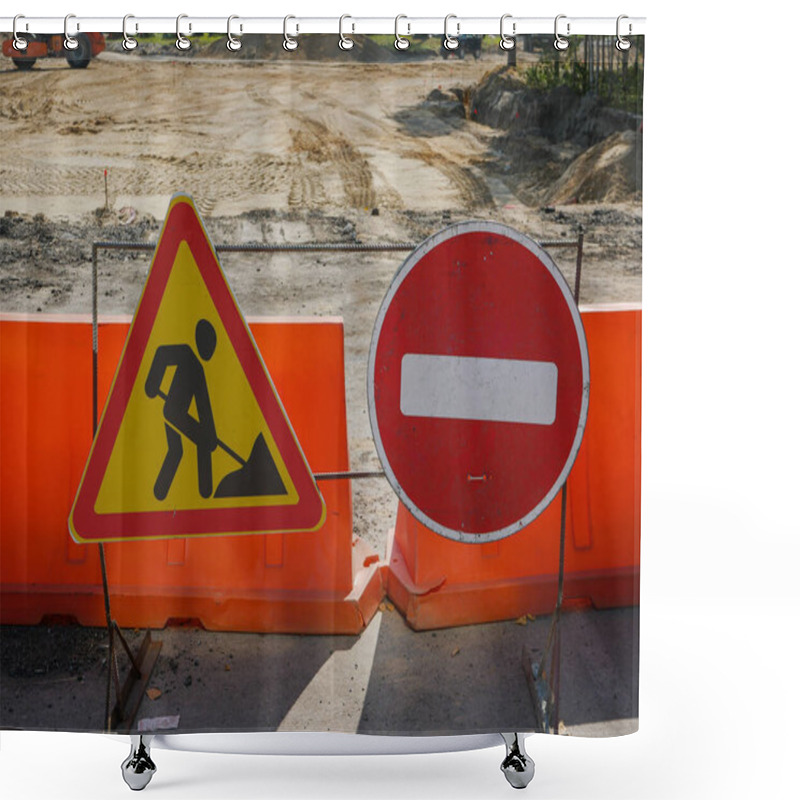 Personality  Several Yellow Plastic Roadblocks Stand Against The Background Of Forbidding Signs To Restrict Traffic And Road Works. Close-up Shower Curtains