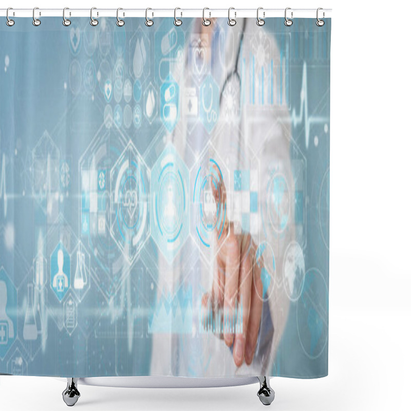 Personality  Doctor Using Digital Medical Futuristic Interface 3D Rendering Shower Curtains