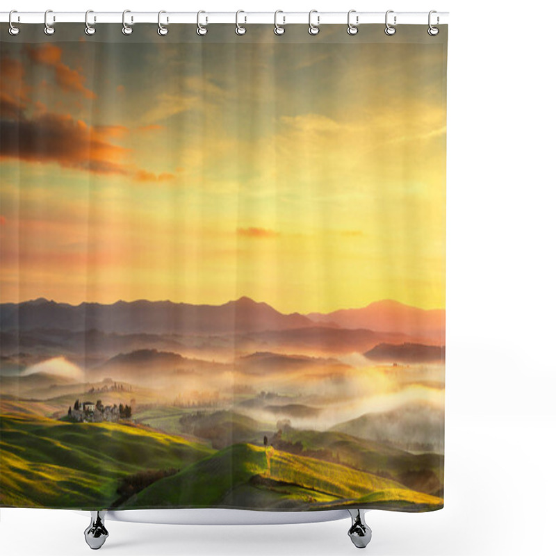 Personality  Volterra Foggy Panorama, Rolling Hills And Green Fields On Sunse Shower Curtains