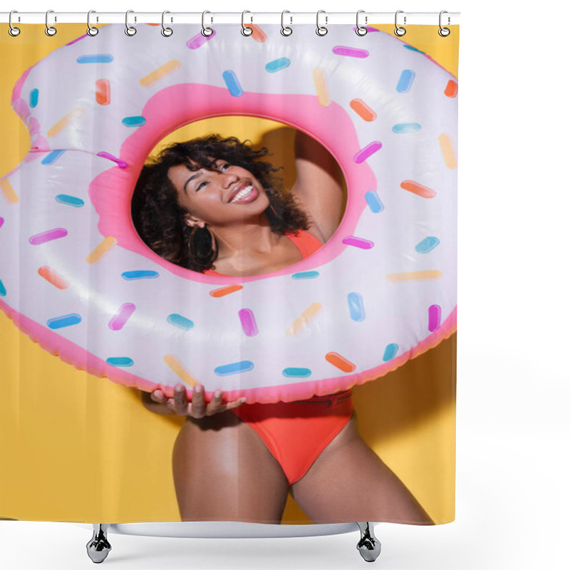 Personality  Cheerful African American Woman With Curly Hair Holding Inflatable Ring On Yellow Background Shower Curtains