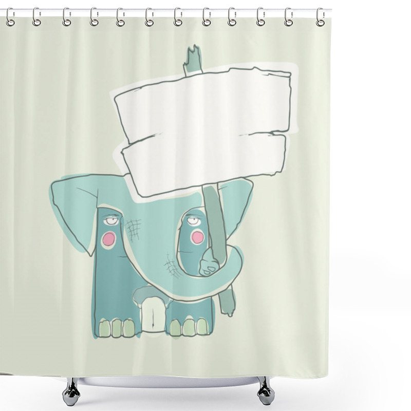 Personality  Cartoon Character Elephant With Wooden Poster Isolated On White Background. Vector. Shower Curtains