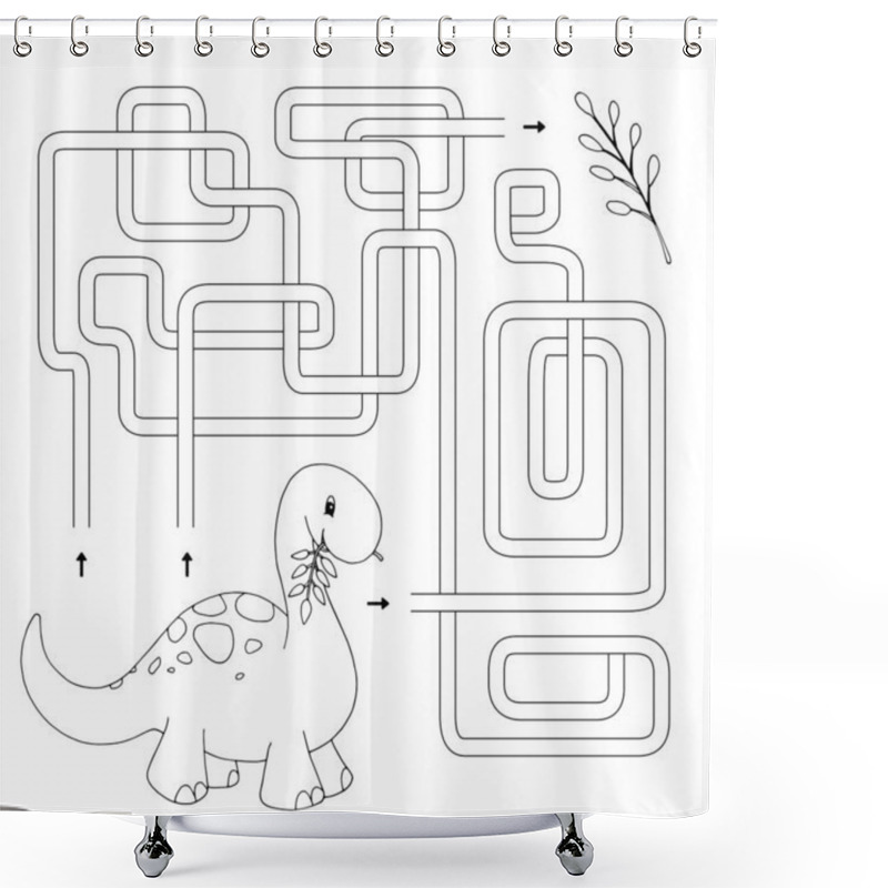 Personality  Labyrinth. Maze Game For Kids. Help Cute Cartoon Dinosaur Find Path To The Leaf. White And Black Vector Illustration For Coloring Book. Shower Curtains