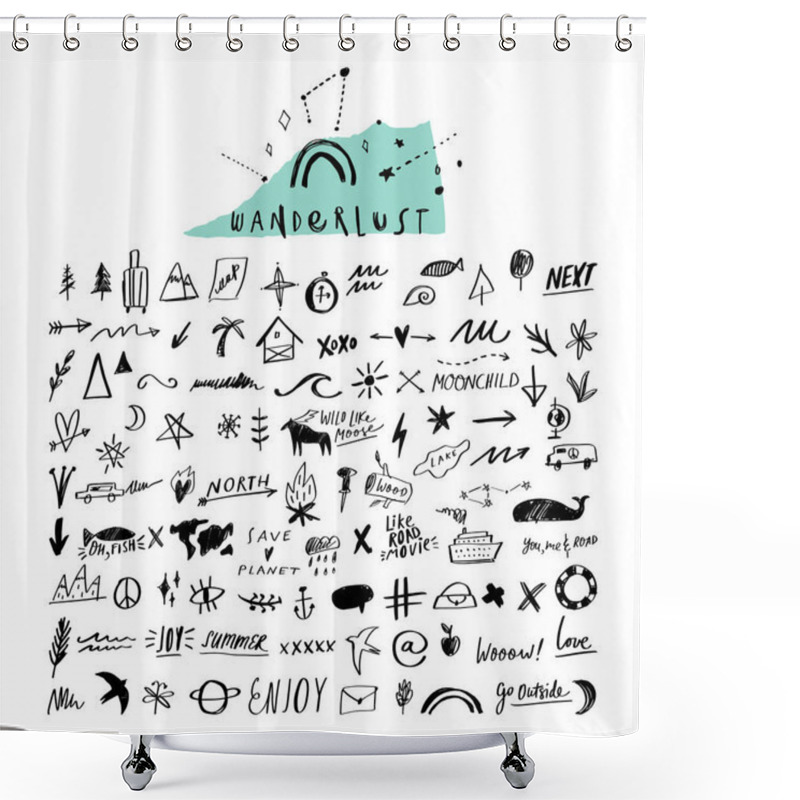 Personality  Travel Doodle Handdrawn Vector Icons Set. Symbols, Signs, Decor Elements Shower Curtains