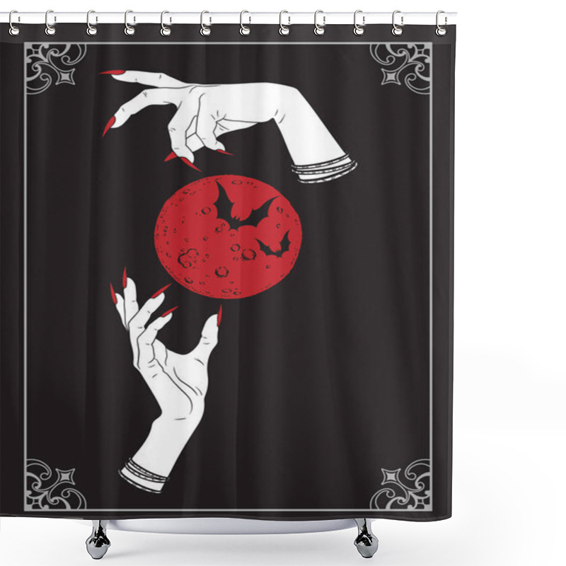 Personality  Bloody Full Moon With Bats In Hands Of Vampire Line Art Tattoo, Poster Or Altar Veil Print Design Vector Illustration Shower Curtains