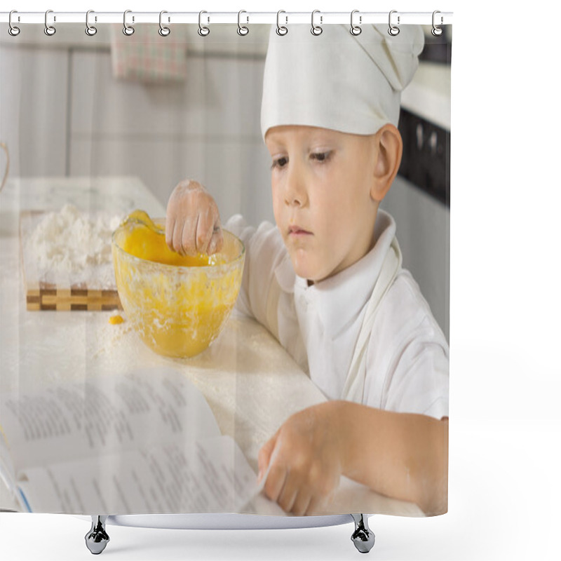 Personality  Little Boy Chef Checking His Recipe As He Bakes Shower Curtains