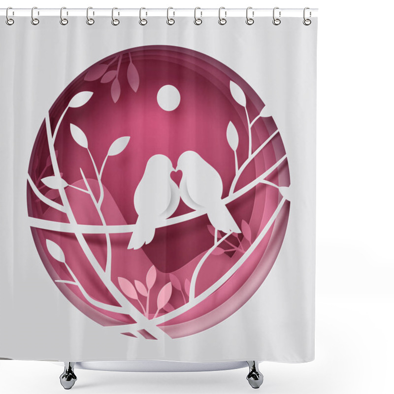 Personality  Paper Art Carve To Couple Birds On Tree Branch In Forest Shower Curtains