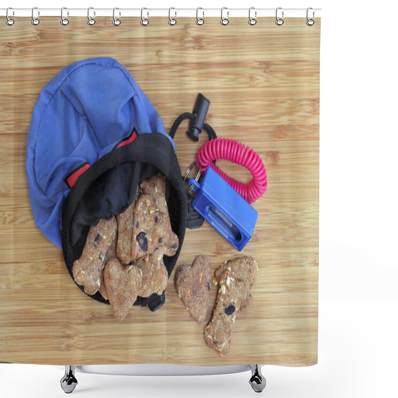 Personality  Dog Biscuits Coming From A Dog Training Pouch With A Clicker And Wristband. Macro Top View. Shower Curtains