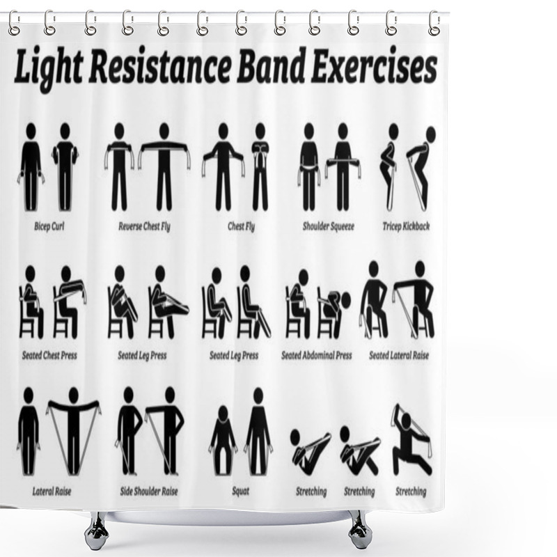 Personality  Light Resistance Band Exercises And Stretch Workout Techniques In Step By Step. Vector Illustrations Of Stretching Exercises Poses, Postures, And Methods With Resistance Band.  Shower Curtains