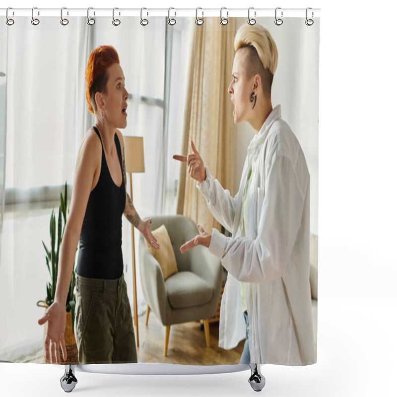 Personality  Two Women In Intense Argument In A Cozy Living Room Setting, Expressing Emotions And Frustrations. Shower Curtains