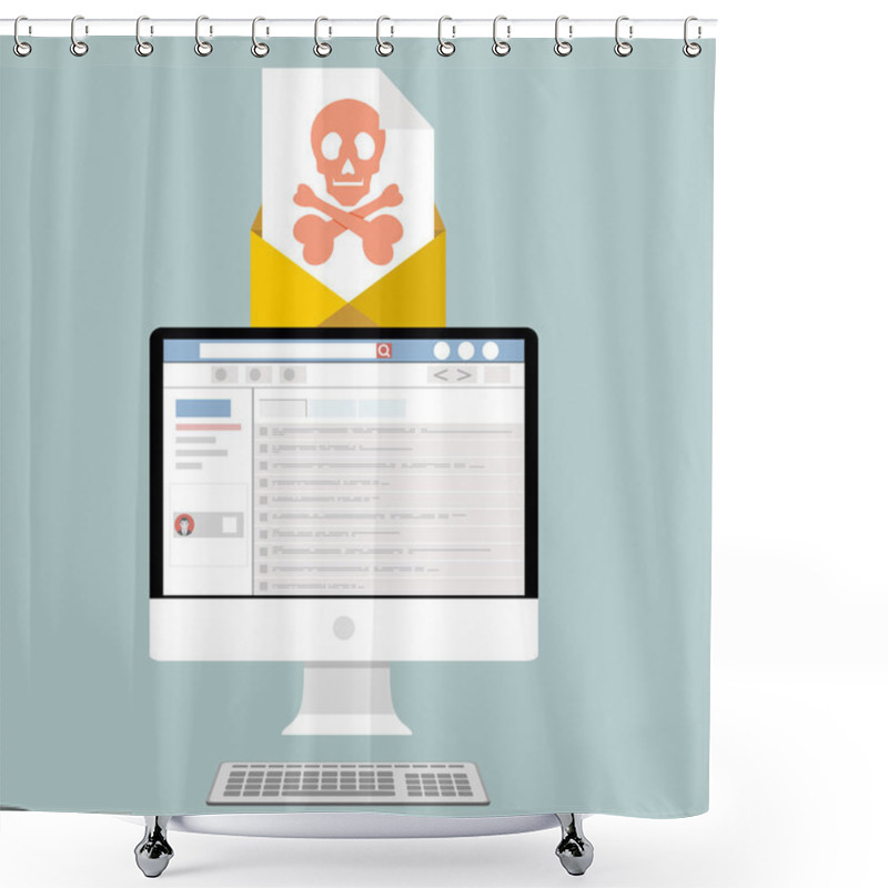 Personality  Laptop With Envelope And Skull On The Screen. Concept Of Virus, Piracy, Hacking And Security. Flat Vector Illustration. Shower Curtains