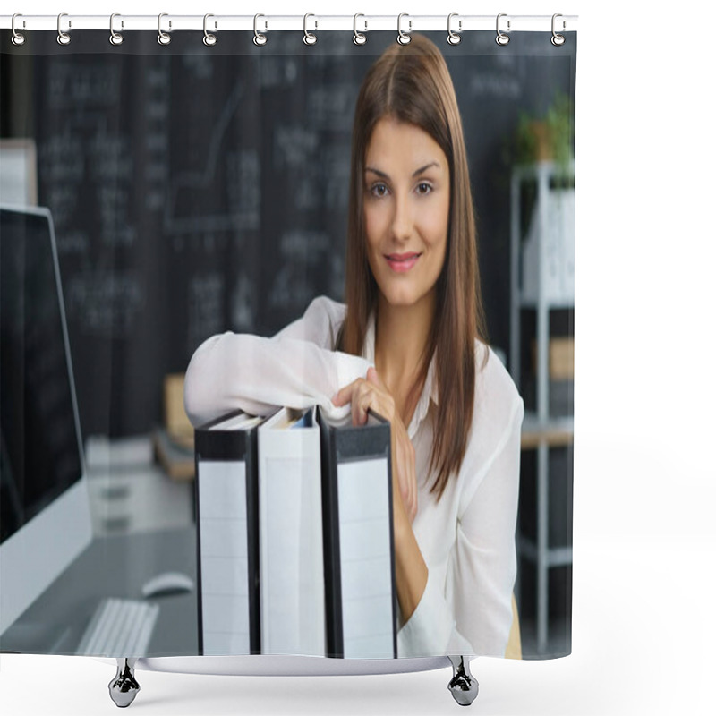 Personality  Young Hardworking Businesswoman With Binders Shower Curtains