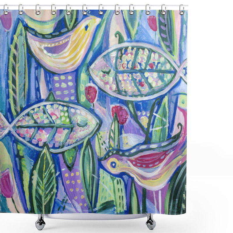 Personality  Painting Of Acrylic On Canvas Of Fish, Birds, Plants. Shower Curtains